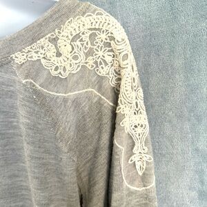 Bar III gray long-sleeve pullover top, white embroidery subtle sparkle detail